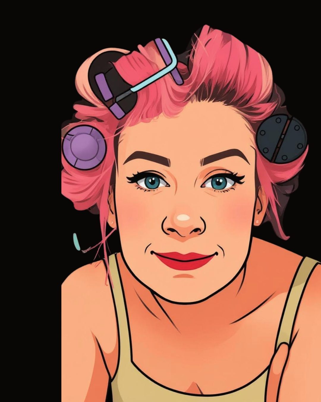 Cartoon illustration of Unison with pink hair in curlers