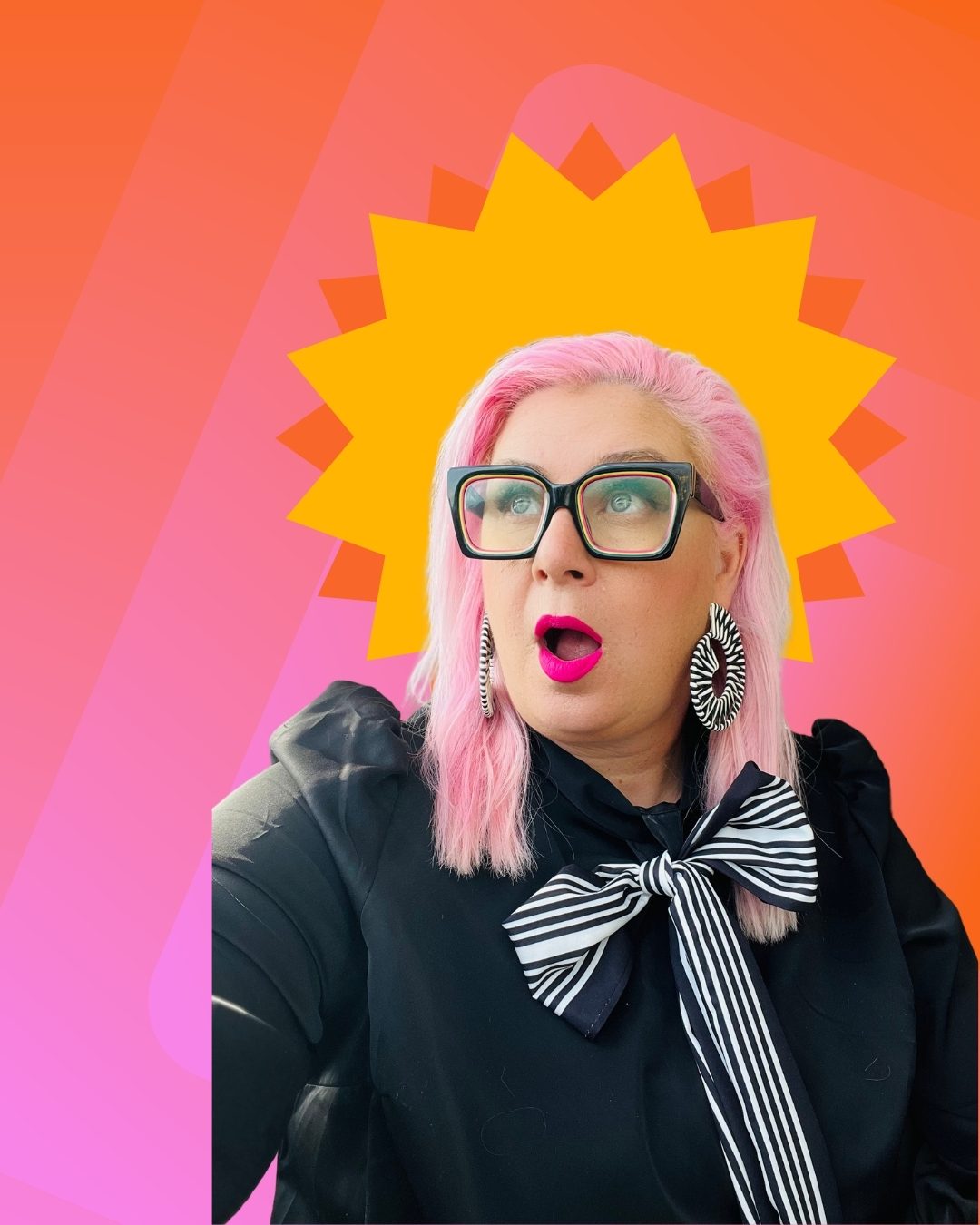 Unison with pink hair and hot pink lips looking up in delight