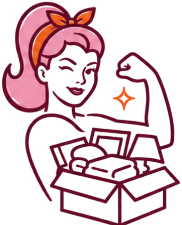 She's Letting It Go logo: a woman flexing her arm while carrying a box of clutter out